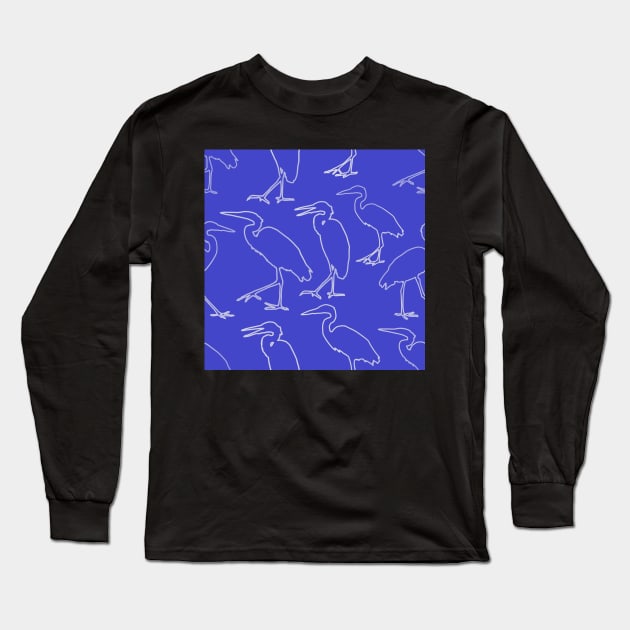 Blue Heron Walking White Line on Medium Blue Repeat 5748 Long Sleeve T-Shirt by ArtticArlo